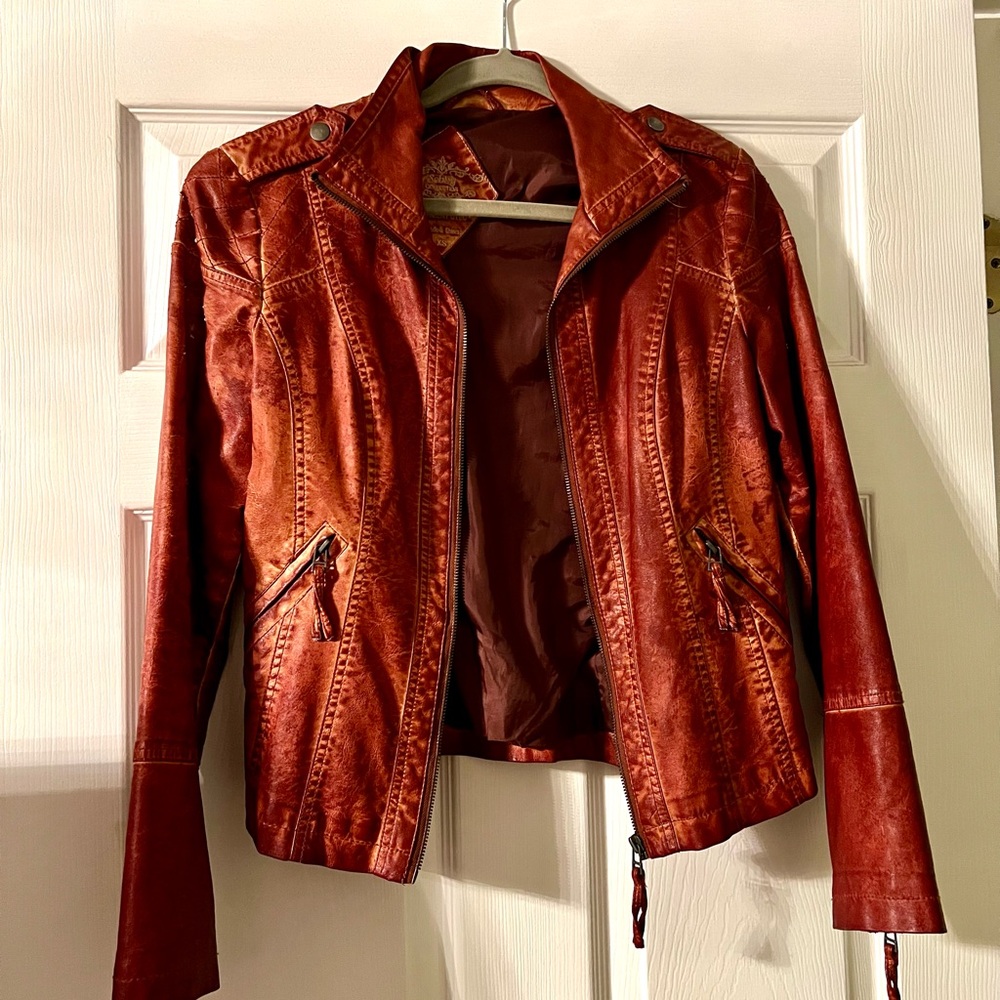 Women's Cognac Faux Leather Distressed Jacket